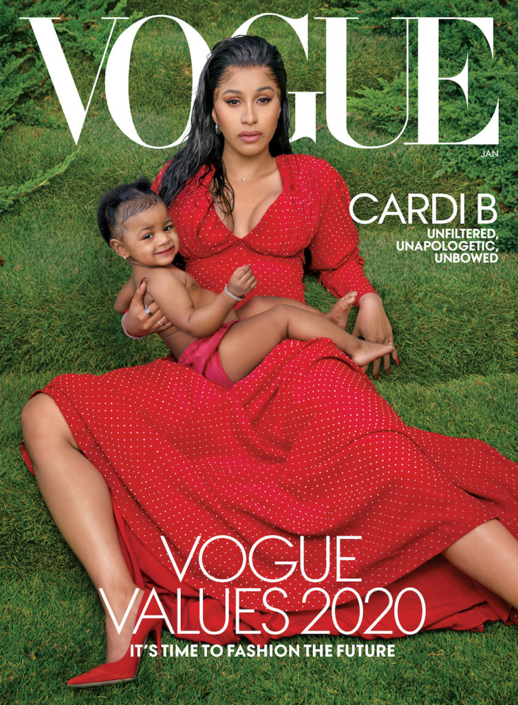 Cardi B and Kulture on cover of Vogue magazine in red attire